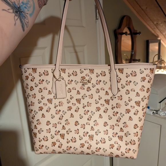 Coach Handbags - Coach Pink Floral City Tote Bag - Signature Coach Charm
